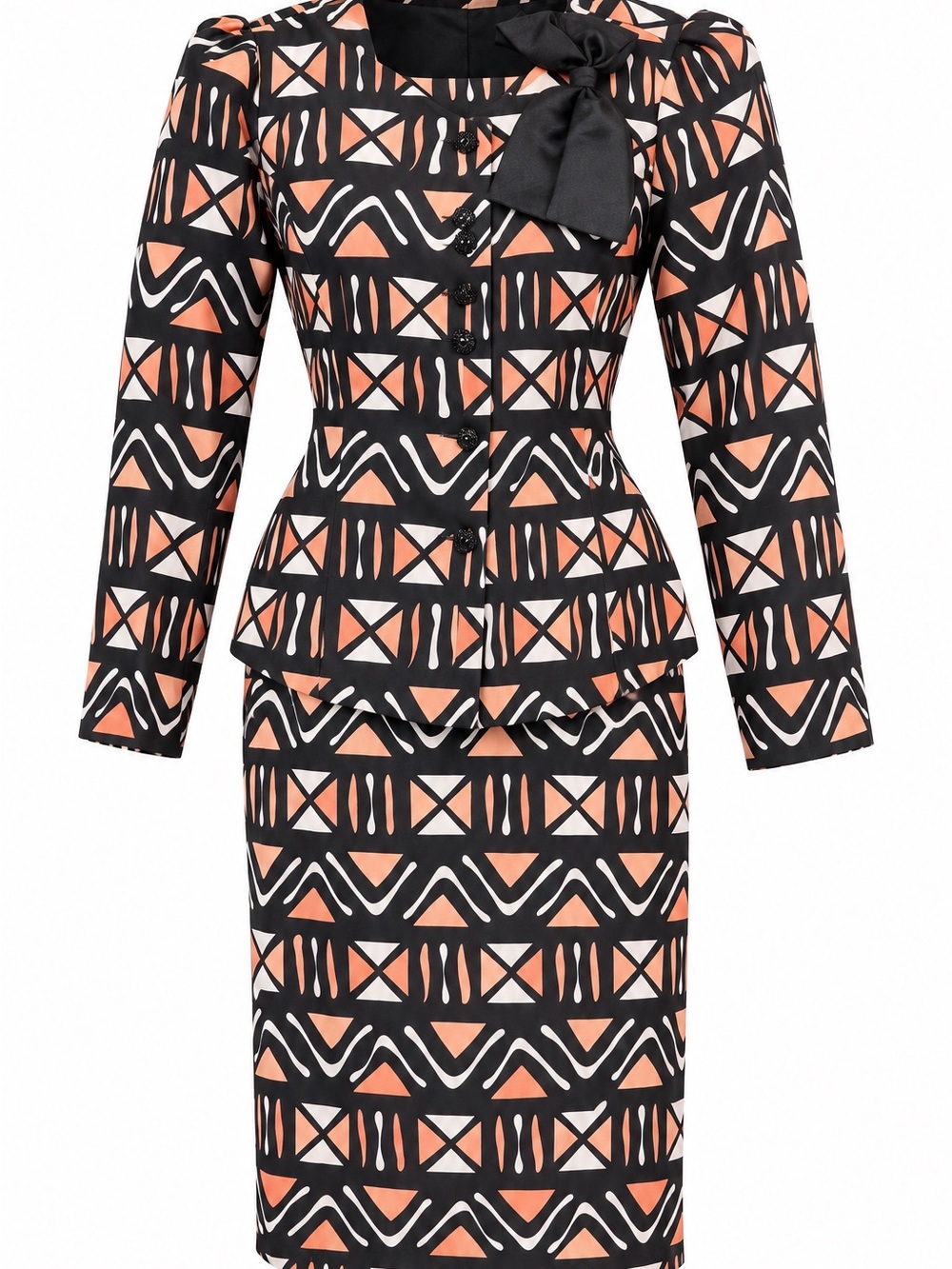 Vintage Geometric Print Bow-Accent Blazer  & Skirt Set - Black & Rust/Orange